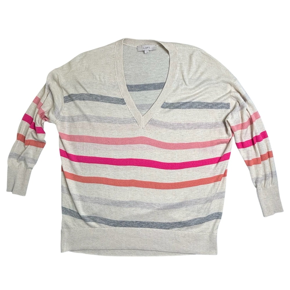 LOFT‎ V-Neck Sweater Womens Large Cream Pink Orange Grey Striped Pullover
